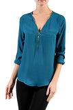 Fashion Secrets 3/4 Roll up Sleeve Zippered Front Wool Dobby Top Blouse