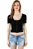 Fashion Secrets Juniors Ribbed Scoop Neck With Faux Snap Button Crop Top Shirt