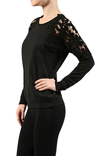 Fashion Secrets Women Crew French Terry Top W Crochet Trim