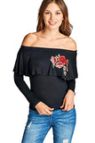 Fashion Secrets Women`s Off Shoulder Ruffle Embroidered Soft Jersey Embroidered