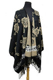 Fashion Secrets Women`s Two Tone Floral - Tiger - Leopard Printed Reversible Draped Cape Wool - Cashmere Felt Poncho Shawl Cardigan Sweater