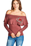 Fashion Secrets Women`s Off Shoulder Ruffle Embroidered Soft Jersey Embroidered