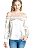 Fashion Secrets Women`s Off Shoulder Button Cuffed Satin Metallic Top Blouse