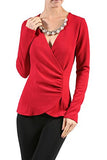 Long Sleeve Surplice Draped Top W/neckline Trim blouse for women