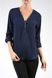 Fashion Secrets 3/4 Roll up Sleeve Zippered Front Wool Dobby Top Blouse