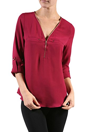 Fashion Secrets 3/4 Roll up Sleeve Zippered Front Wool Dobby Top Blouse