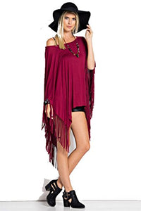 Fashion Secrets Women Fringes Cut Handkerchief Hem Poncho Top