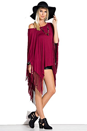 Fashion Secrets Women Fringes Cut Handkerchief Hem Poncho Top