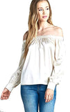 Fashion Secrets Women`s Off Shoulder Button Cuffed Satin Metallic Top Blouse