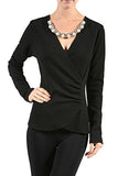 Long Sleeve Surplice Draped Top W/neckline Trim blouse for women