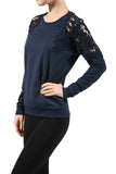 Fashion Secrets Women Crew French Terry Top W Crochet Trim