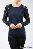 Fashion Secrets Women Crew French Terry Top W Crochet Trim