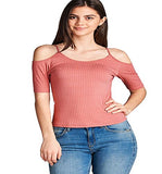 OPEN SHOULDER ELBOW SLEEVE ROUND NECK RIBBED TOP W/ SPAGHETTI STRAPS