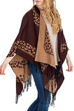 Fashion Secrets Women`s Two Tone Floral - Tiger - Leopard Printed Reversible Draped Cape Wool - Cashmere Felt Poncho Shawl Cardigan Sweater