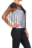 Fashion Secrets Women`s Crochet Knit Fringed Asymmetric Evening Dress`s Shrug Bolero Cape Poncho (Black)